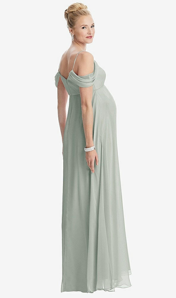 Back View - Willow Green Draped Cold-Shoulder Chiffon Maternity Dress