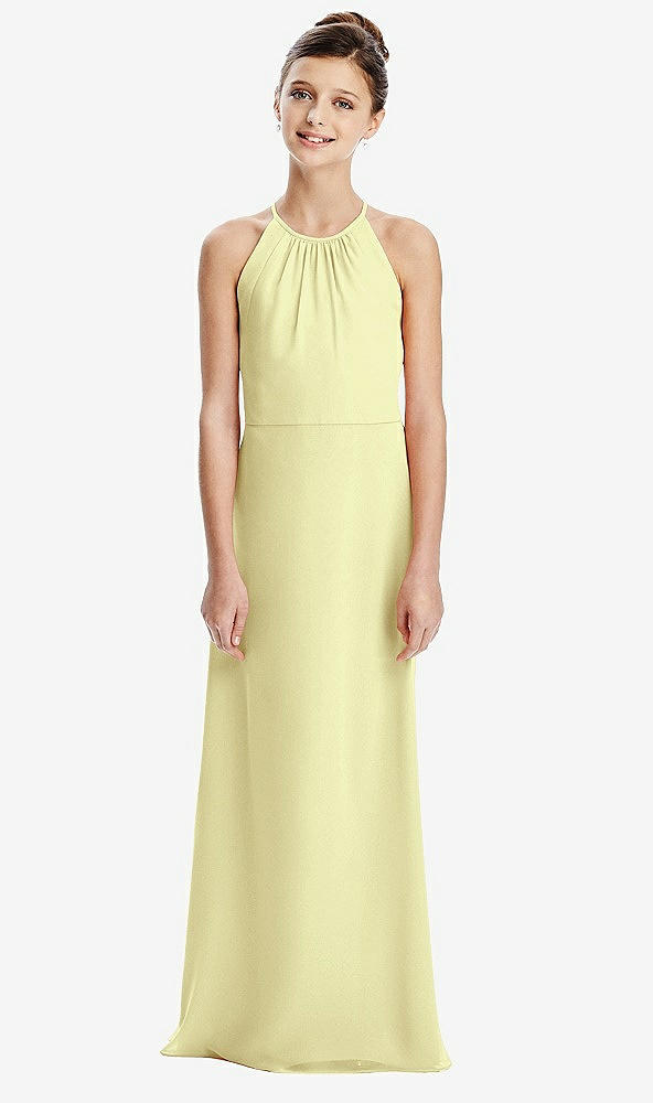 Back View - Butter Yellow Shirred Jewel Neck Chiffon Juniors Dress