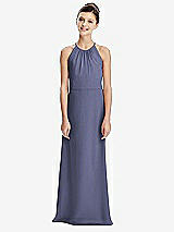 Rear View Thumbnail - French Blue Shirred Jewel Neck Chiffon Juniors Dress