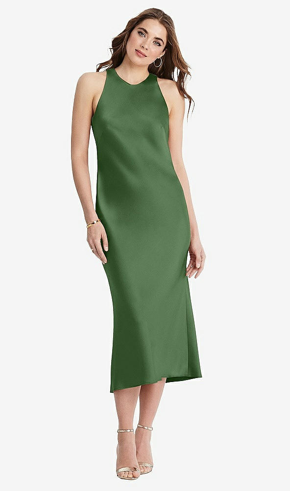 Front View - Vineyard Green Tie Neck Cutout Midi Tank Dress - Lou