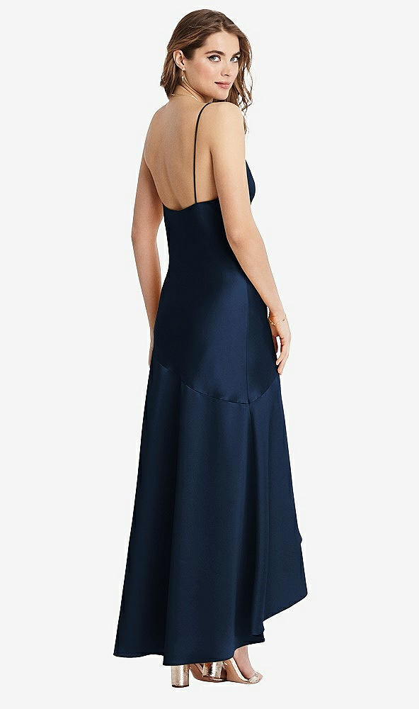 Back View - Midnight Navy Asymmetrical Drop Waist High-Low Slip Dress - Devon