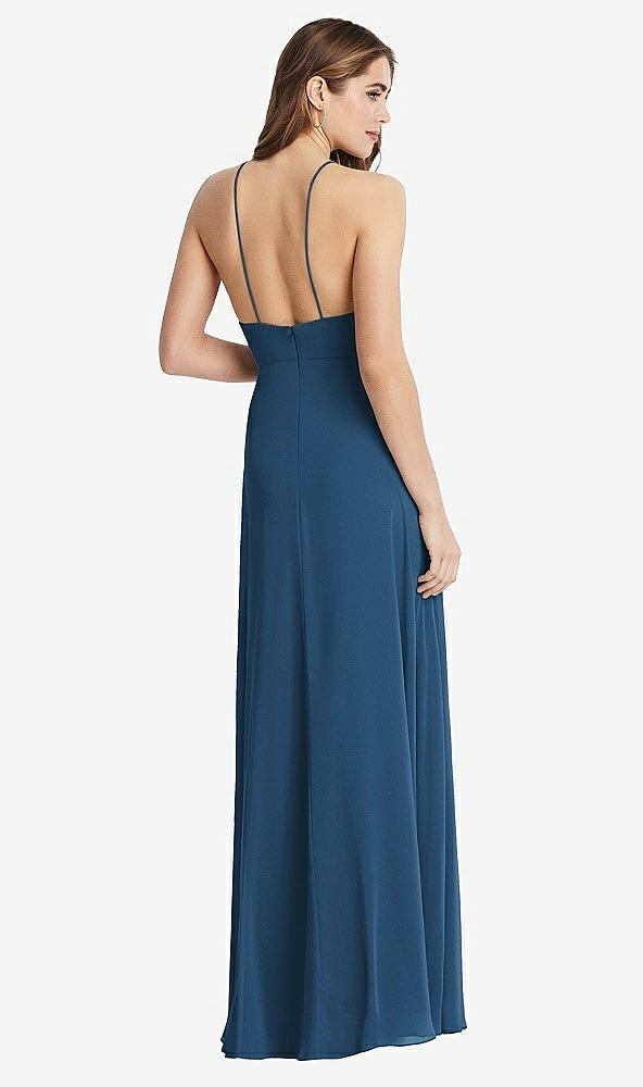 Back View - Dusk Blue High Neck Chiffon Maxi Dress with Front Slit - Lela