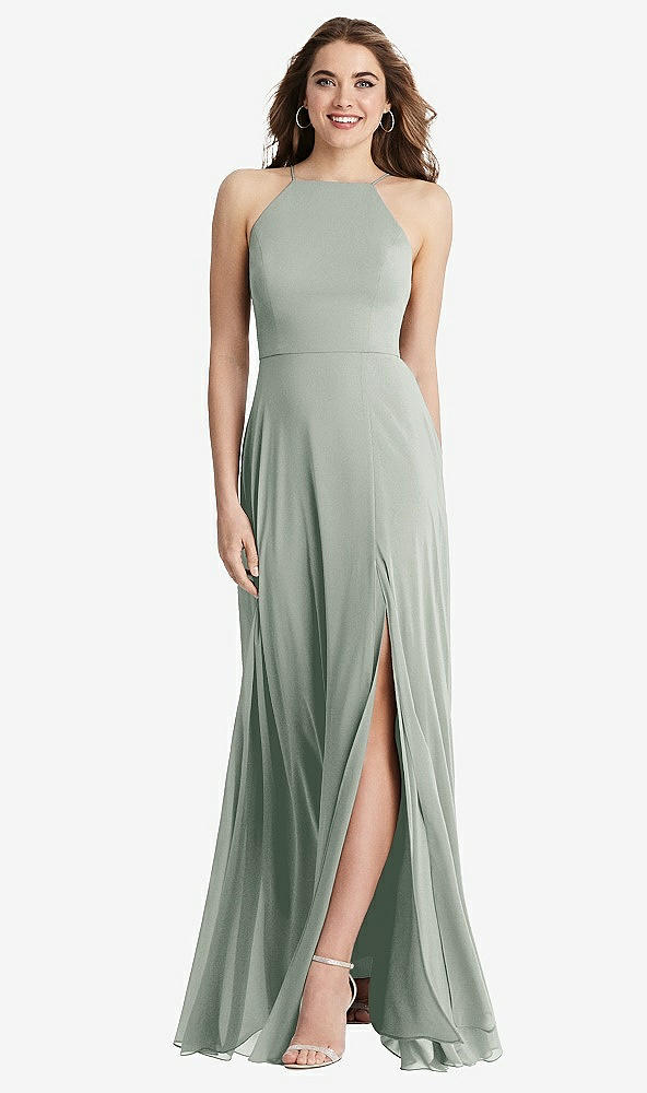 Front View - Willow Green High Neck Chiffon Maxi Dress with Front Slit - Lela