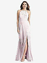 Front View Thumbnail - Watercolor Print High Neck Chiffon Maxi Dress with Front Slit - Lela