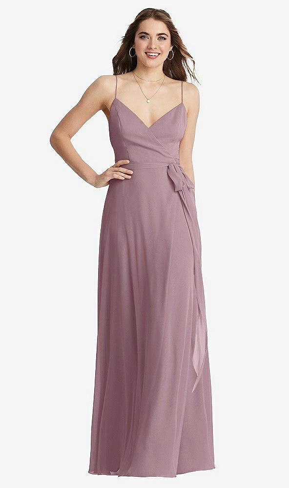 Front View - Dusty Rose Chiffon Maxi Wrap Dress with Sash - Cora