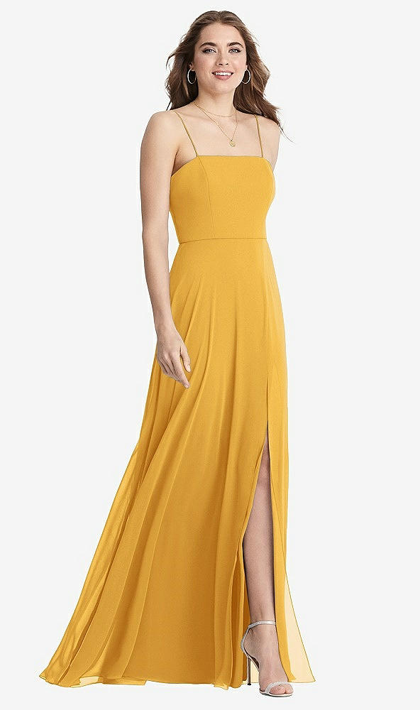 Front View - NYC Yellow Square Neck Chiffon Maxi Dress with Front Slit - Elliott