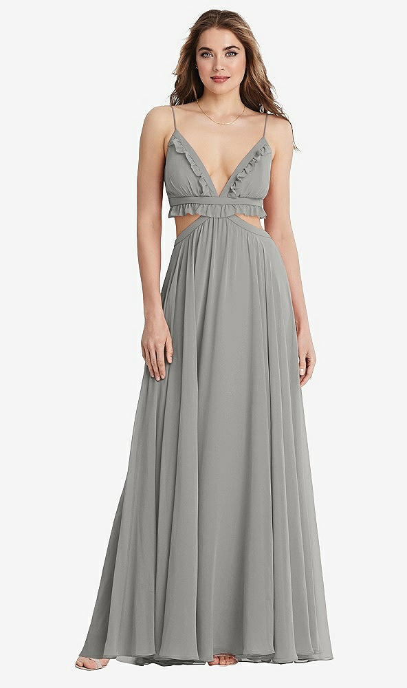 Front View - Chelsea Gray Ruffled Chiffon Cutout Maxi Dress - Jessie