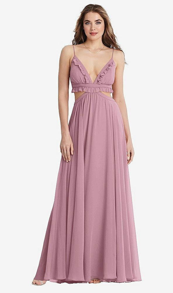 Front View - Dusty Pink Ruffled Chiffon Cutout Maxi Dress - Jessie