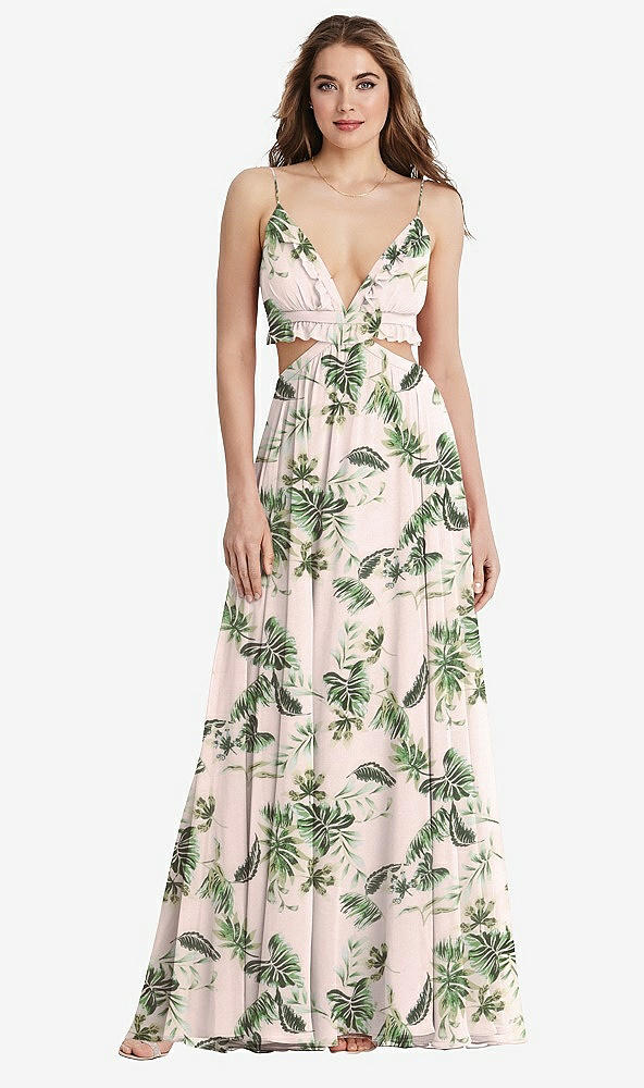 Front View - Palm Beach Print Ruffled Chiffon Cutout Maxi Dress - Jessie