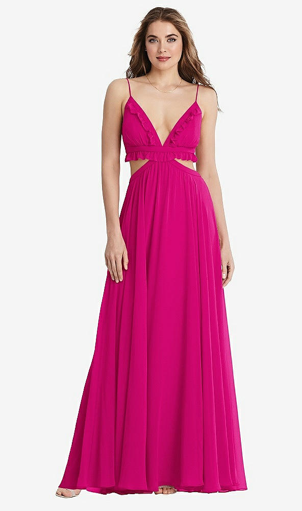 Front View - Think Pink Ruffled Chiffon Cutout Maxi Dress - Jessie