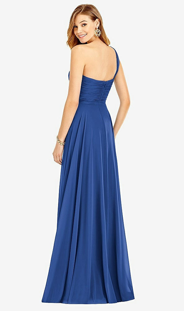 Back View - Classic Blue One-Shoulder Draped Chiffon Maxi Dress - Dani