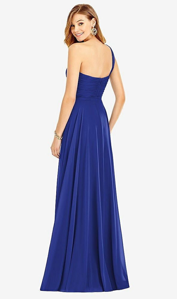 Back View - Cobalt Blue One-Shoulder Draped Chiffon Maxi Dress - Dani