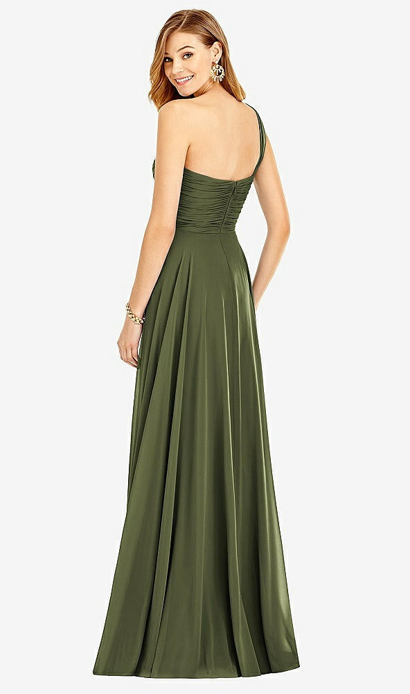 Back View - Olive Green One-Shoulder Draped Chiffon Maxi Dress - Dani