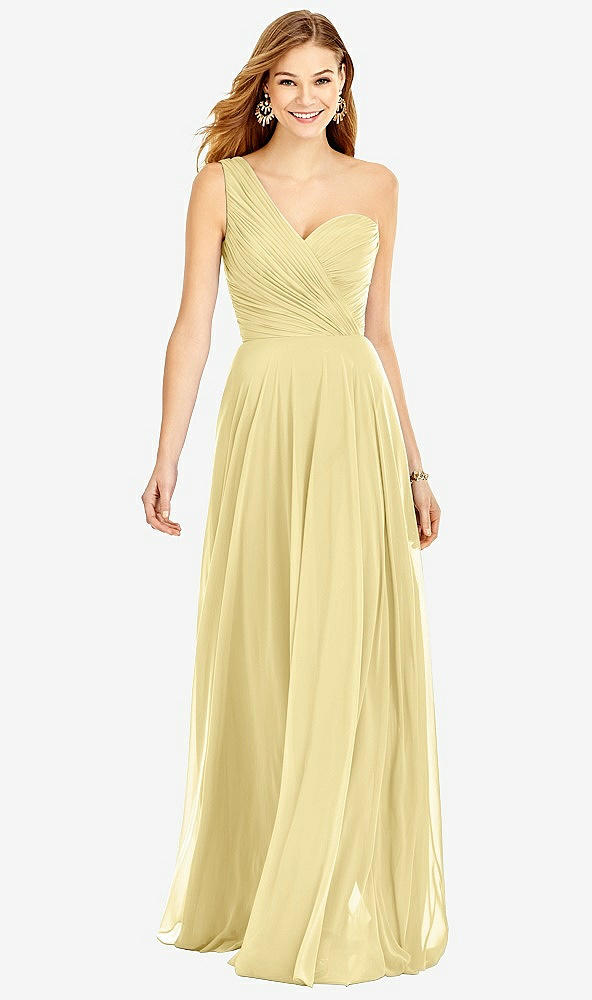 Front View - Pale Yellow One-Shoulder Draped Chiffon Maxi Dress - Dani