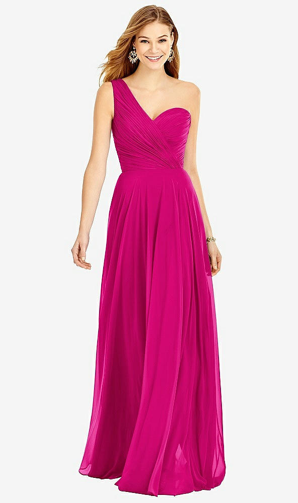 Front View - Think Pink One-Shoulder Draped Chiffon Maxi Dress - Dani