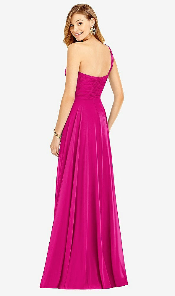 Back View - Think Pink One-Shoulder Draped Chiffon Maxi Dress - Dani