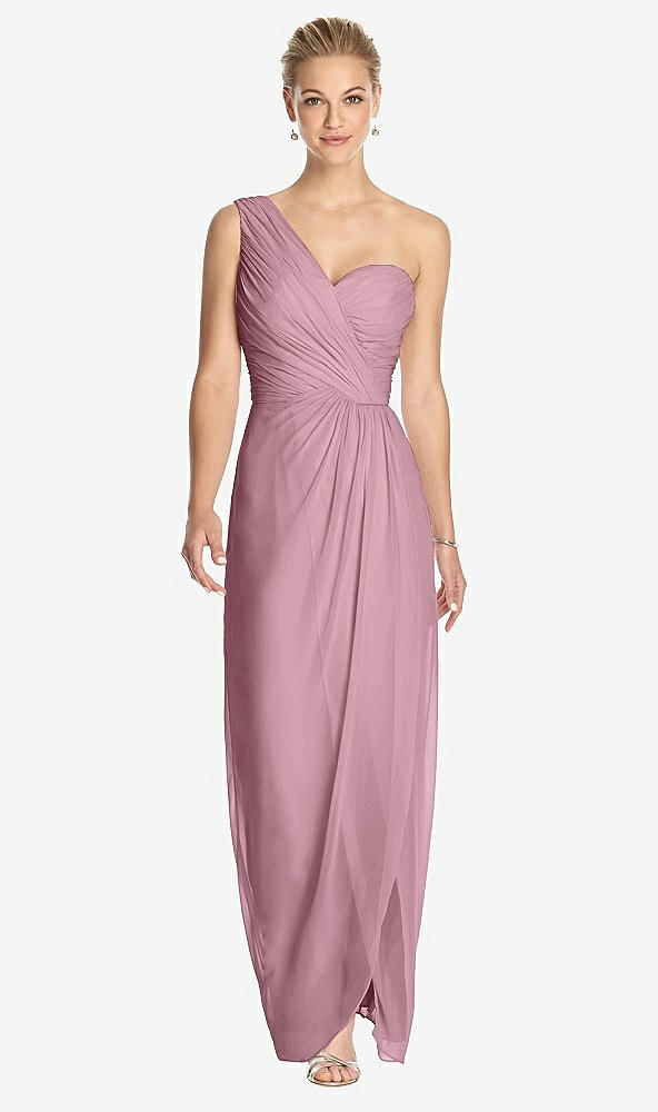 Front View - Dusty Pink One-Shoulder Draped Maxi Dress with Front Slit - Aeryn