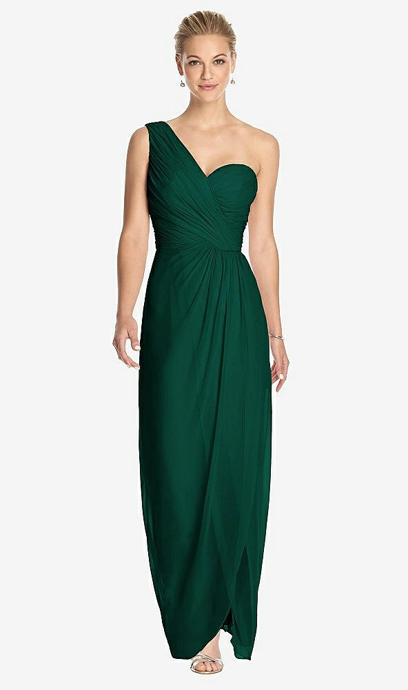 Front View - Hunter Green One-Shoulder Draped Maxi Dress with Front Slit - Aeryn