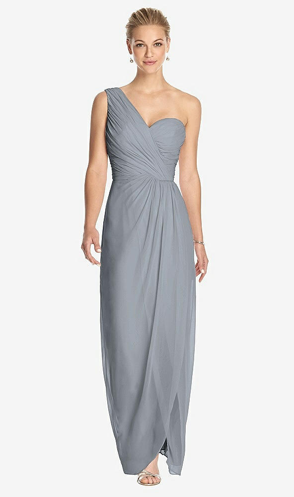 Front View - Platinum One-Shoulder Draped Maxi Dress with Front Slit - Aeryn