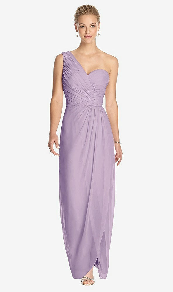 Front View - Pale Purple One-Shoulder Draped Maxi Dress with Front Slit - Aeryn