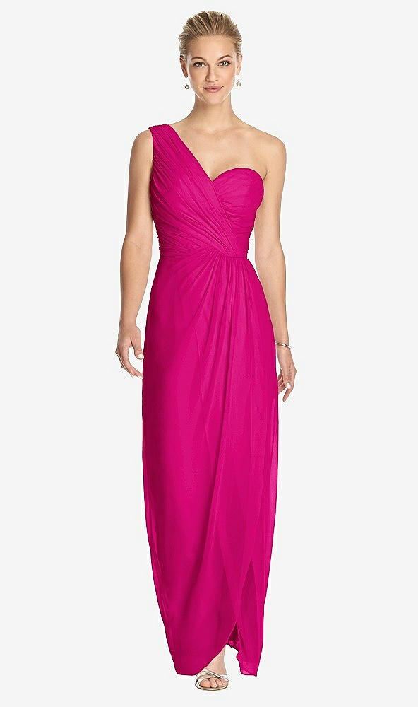 Front View - Think Pink One-Shoulder Draped Maxi Dress with Front Slit - Aeryn