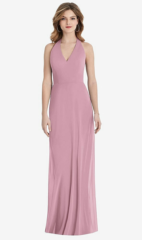 Back View - Dusty Pink V-Neck Halter Chiffon Maxi Dress - Taryn