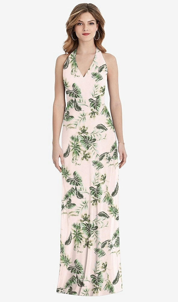 Back View - Palm Beach Print V-Neck Halter Chiffon Maxi Dress - Taryn