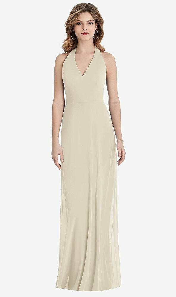 Back View - Champagne V-Neck Halter Chiffon Maxi Dress - Taryn