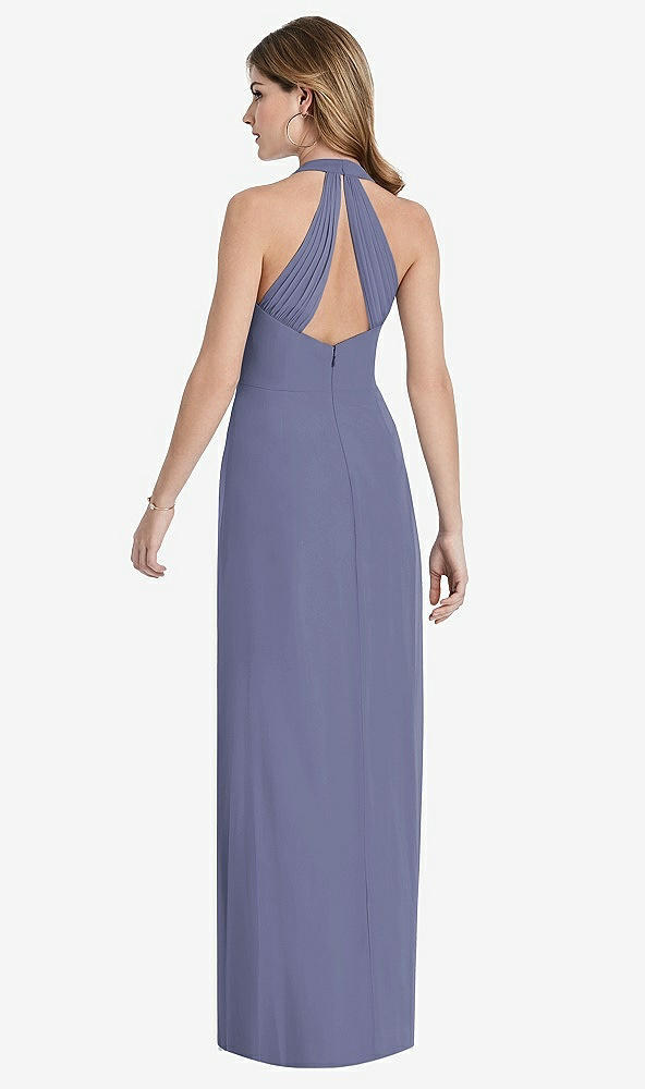 Front View - French Blue V-Neck Halter Chiffon Maxi Dress - Taryn