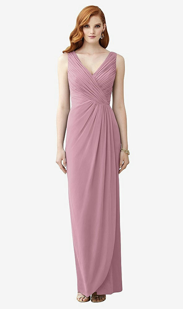 Front View - Dusty Pink Sleeveless Draped Faux Wrap Maxi Dress - Dahlia