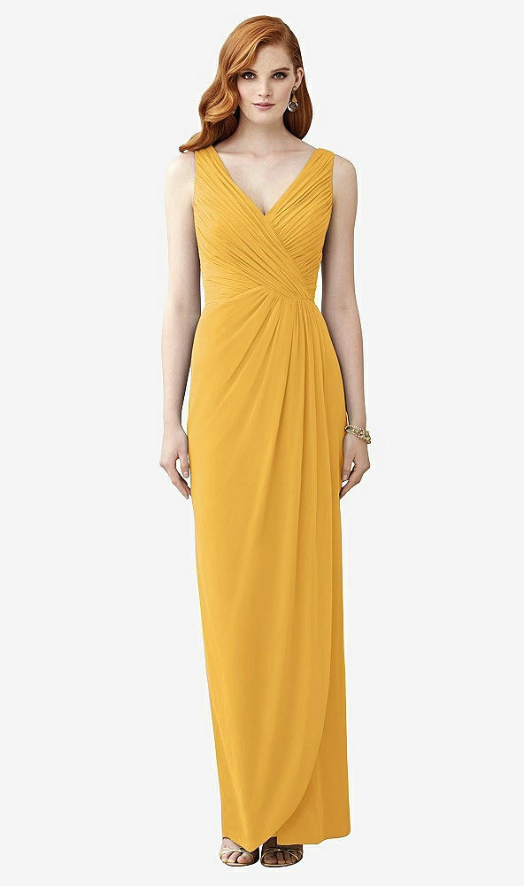 Front View - NYC Yellow Sleeveless Draped Faux Wrap Maxi Dress - Dahlia
