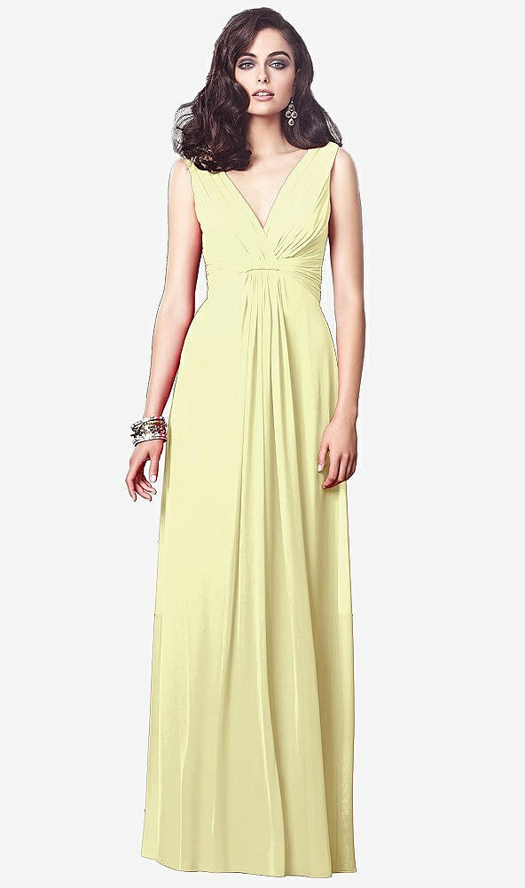 Front View - Butter Yellow Draped V-Neck Shirred Chiffon Maxi Dress