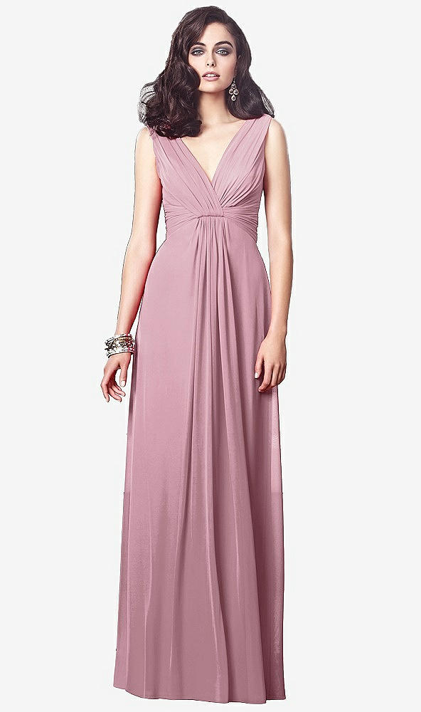 Front View - Dusty Pink Draped V-Neck Shirred Chiffon Maxi Dress