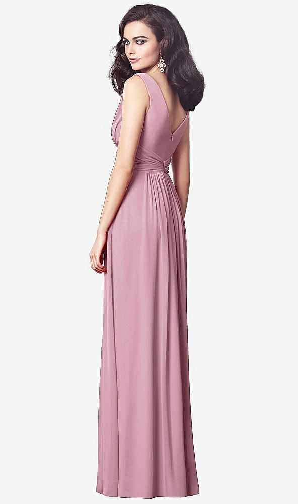 Back View - Dusty Pink Draped V-Neck Shirred Chiffon Maxi Dress