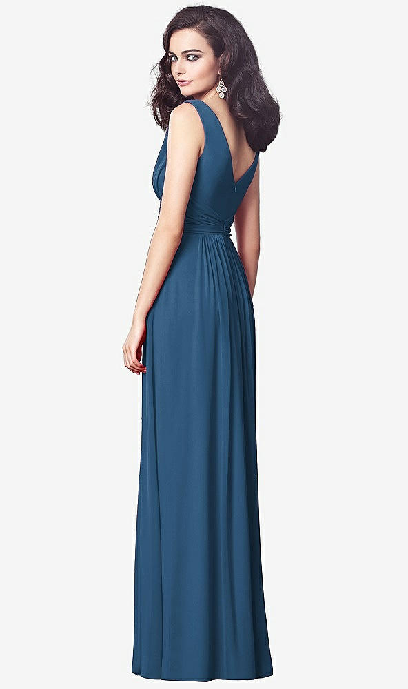 Back View - Dusk Blue Draped V-Neck Shirred Chiffon Maxi Dress