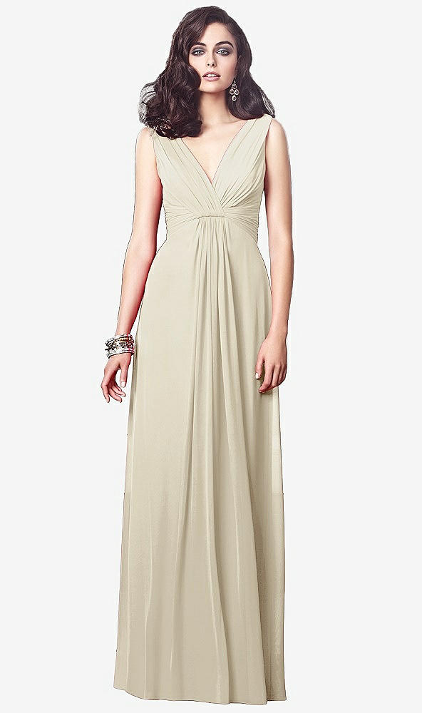 Front View - Champagne Draped V-Neck Shirred Chiffon Maxi Dress