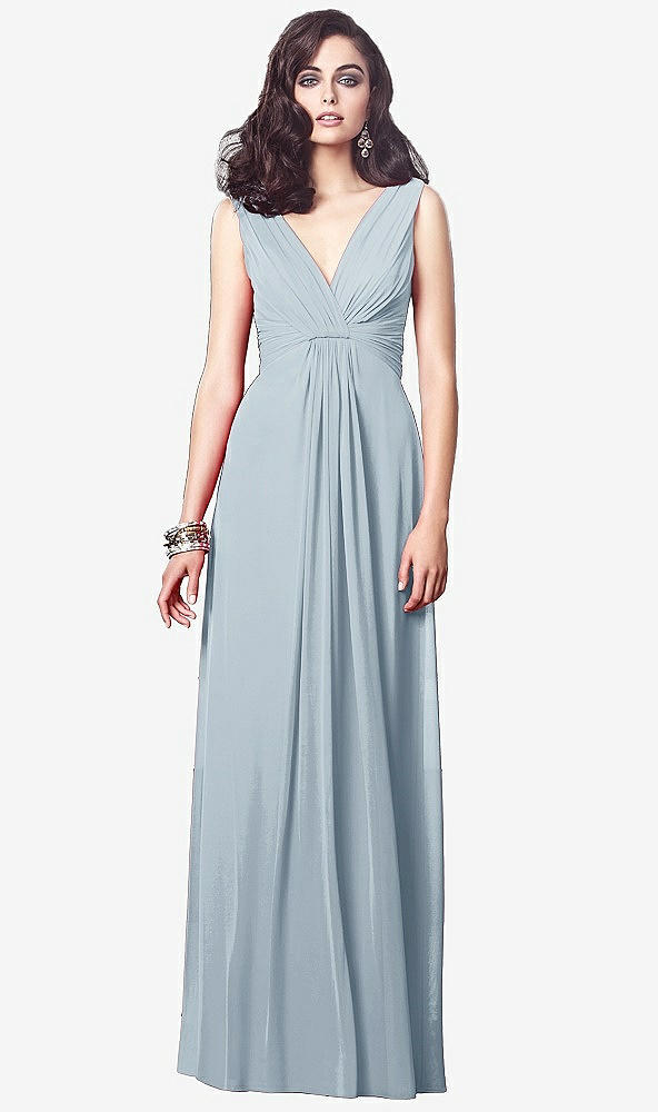 Front View - Mist Draped V-Neck Shirred Chiffon Maxi Dress