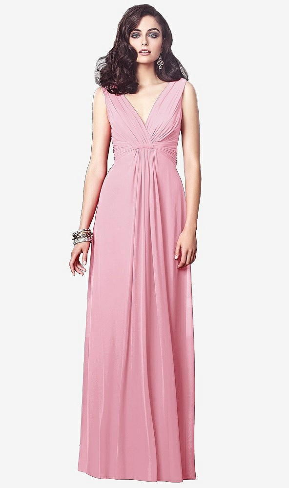 Front View - Peony Pink Draped V-Neck Shirred Chiffon Maxi Dress