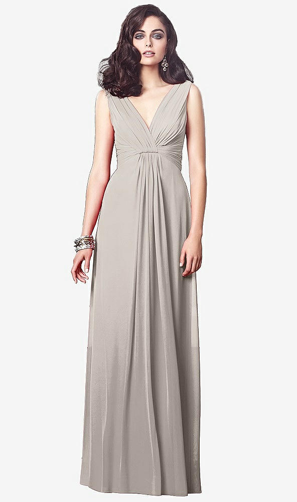 Front View - Taupe Draped V-Neck Shirred Chiffon Maxi Dress