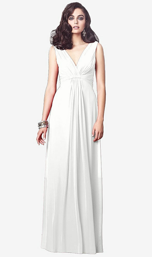 Front View - White Draped V-Neck Shirred Chiffon Maxi Dress