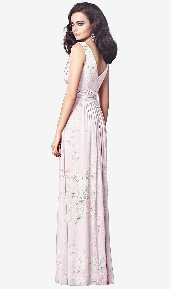 Back View - Watercolor Print Draped V-Neck Shirred Chiffon Maxi Dress