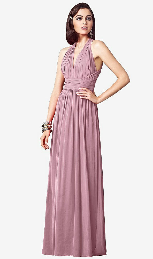 Front View - Dusty Pink Ruched Halter Open-Back Maxi Dress - Jada