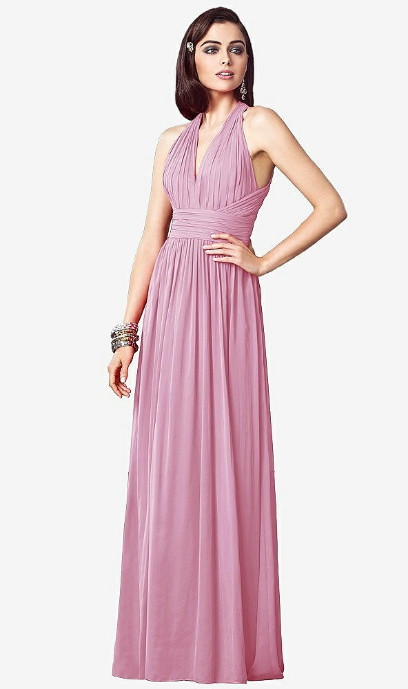 Front View - Powder Pink Ruched Halter Open-Back Maxi Dress - Jada