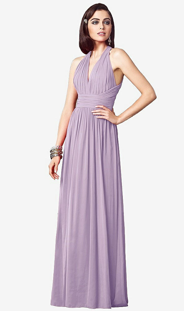 Front View - Pale Purple Ruched Halter Open-Back Maxi Dress - Jada