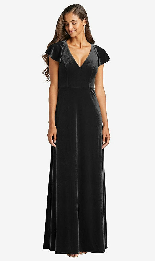 Front View - Black Flutter Sleeve Velvet Maxi Dress with Pockets