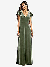 Front View Thumbnail - Sage Flutter Sleeve Velvet Maxi Dress with Pockets