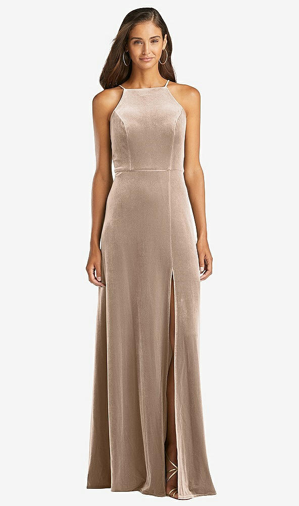 Front View - Topaz Velvet Halter Maxi Dress with Front Slit - Harper