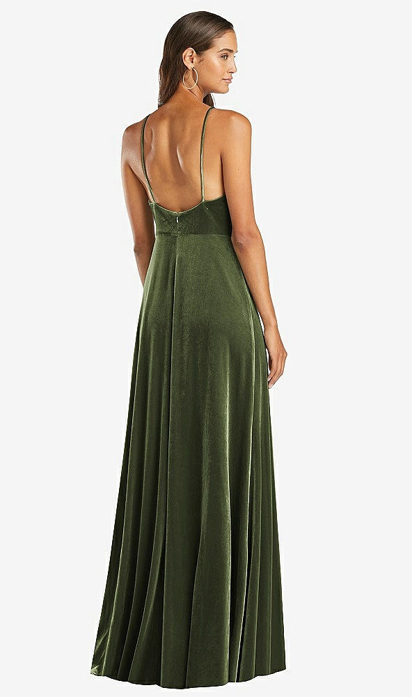 Back View - Olive Green Velvet Halter Maxi Dress with Front Slit - Harper