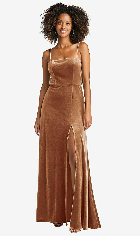 Front View - Golden Almond Square Neck Velvet Maxi Dress with Front Slit - Drew