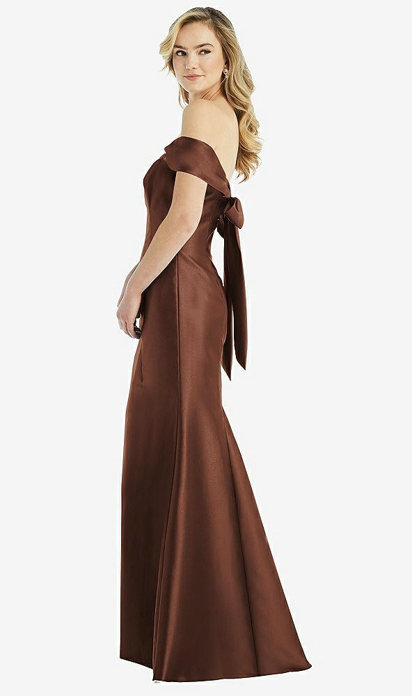 Front View - Cognac Off-the-Shoulder Bow-Back Satin Trumpet Gown